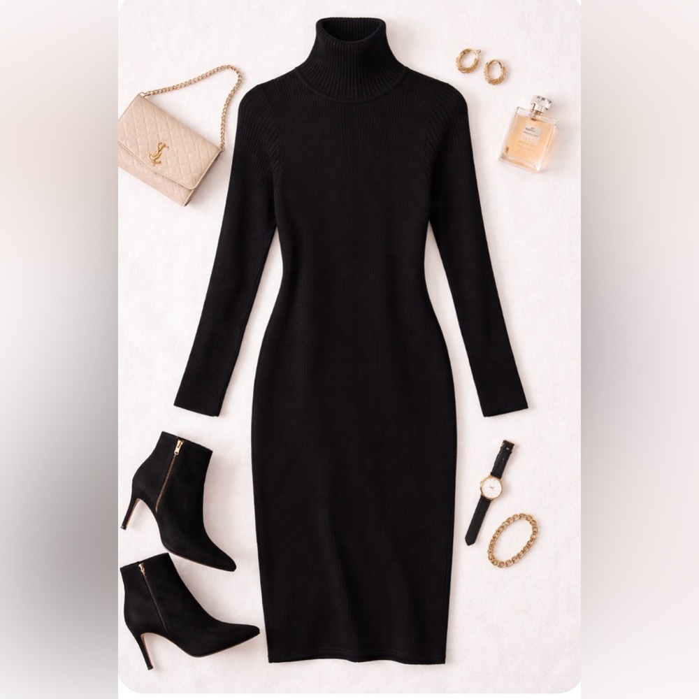 Chadwick's‎ Black Turtleneck Long Sleeve Ribbed Knit Midi Dress Women's Large